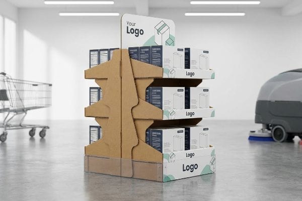 Cardboard Floor Display Stand Natural corrugated cardboard floor display stand, multi-tiered, holding white product boxes in a retail aisle.