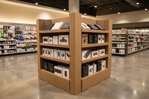 Corrugated cardboard end cap display in a retail store, featuring multiple shelves stocked with electronic product boxes, maximizing impulse purchases.
