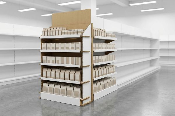 A modern retail store aisle showcases a corrugated cardboard endcap display unit, fully stocked with plain brown product boxes, against a backdrop of empty white shelves.