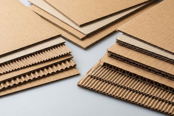 Stacks of brown corrugated cardboard sheets display various flute profiles, including single and double-wall compositions, highlighting the wavy inner fluted medium.