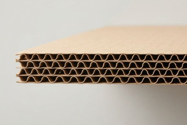 Brown corrugated cardboard cross-section with four wavy fluted layers and flat linerboards, showcasing engineered packaging strength.