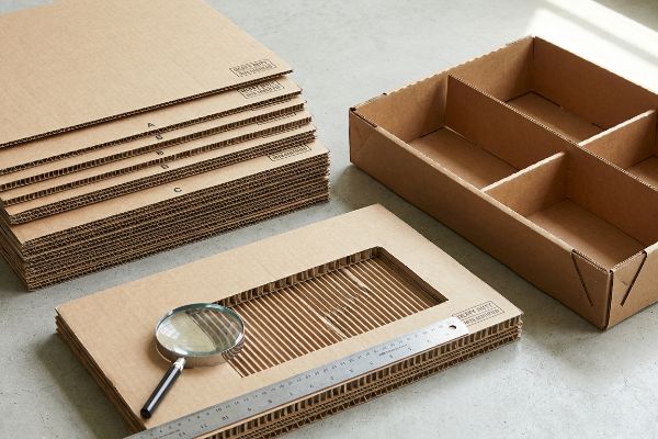 A magnifying glass highlights the fluting of Heavy-Duty Corrugated Display Tray cardboard, with stacked sheets A, B, C, and an assembled divider tray.
