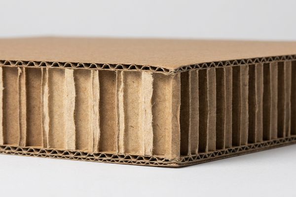 Corte transversal de papelão ondulado marrom revelando ondulações internas e fibras de papel multicamadas, destacando a integridade estrutural.