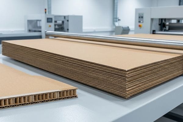 На промышленном столе сложены коричневые листы гофрированного картона, демонстрирующие структуру гофрирования, необходимую для производства упаковки.