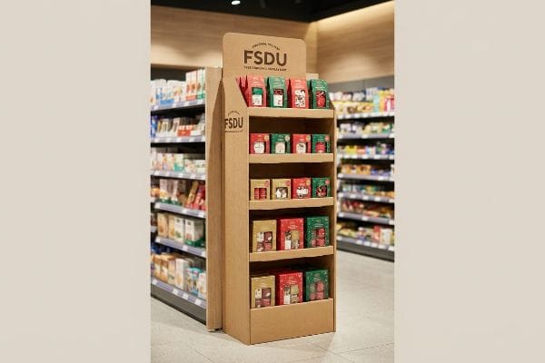 A retail aisle features a corrugated cardboard Free Standing Display Unit (FSDU) with 'Seasonal Holiday FSDU' text, displaying small red, green, and gold product boxes on multiple shelves.