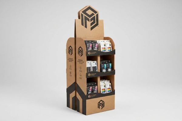 Brown corrugated cardboard POP display with black MFG logo graphics, showcasing various small packaged products on shelves.
