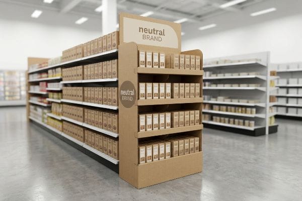 In einem Einzelhandelsgeschäft befindet sich ein Endkappendisplay aus Wellpappe mit