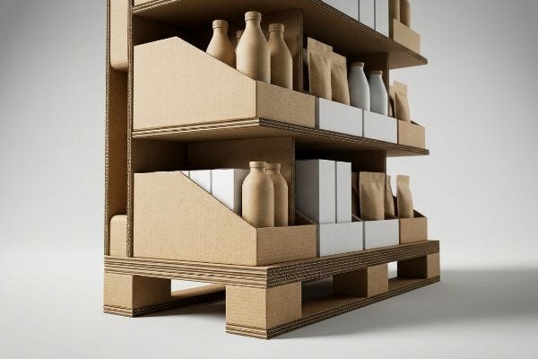A structurally engineered cardboard pallet display showcases various FMCG products on multiple shelves, including bottles, boxes, and bags.