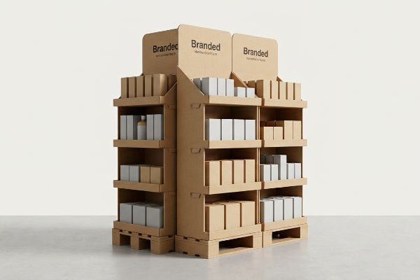 Two corrugated cardboard pallet displays, each with shelves of white and brown boxes, feature 'Branded' headers.