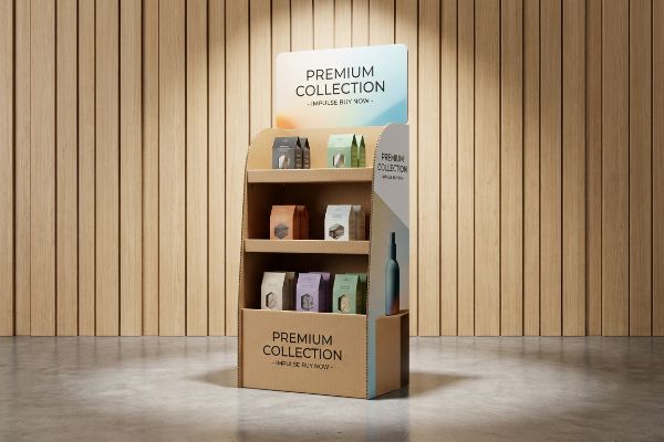 Corrugated cardboard POP display showcases a 'Premium Collection' of product boxes with 'Impulse Buy Now' messaging on a wooden slat wall.
