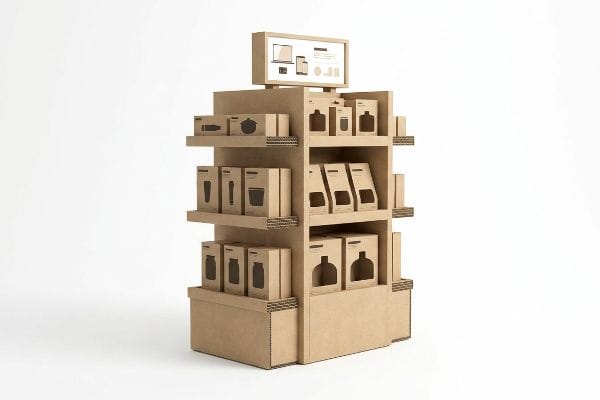 A multi-tiered corrugated cardboard point of purchase display showcases various eco-friendly product boxes with generic shapes and a top sign featuring device icons.