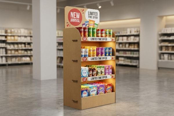 Une allée d'un magasin de détail présente un présentoir de point de vente en carton ondulé avec
