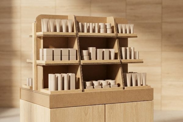 A retail setting features a multi-tiered corrugated cardboard POP display stand showcasing various unbranded beige cosmetic product containers.