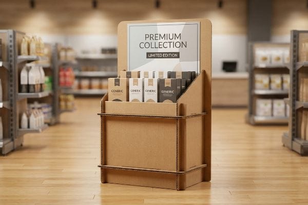 Cardboard Premium Product Display A corrugated cardboard point-of-purchase display, labeled "Premium Collection Limited Edition", showcases "Generic" product boxes in a retail store aisle.