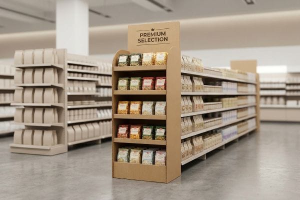 A retail store aisle features a corrugated cardboard POP display with 'Premium Selection' text, merchandising small packaged goods, flanked by shelves of brown bags.
