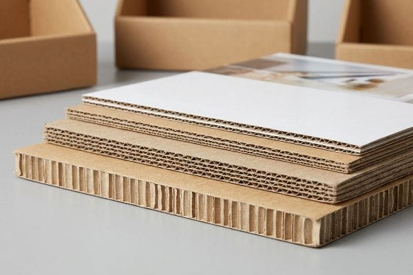 Stacked corrugated cardboard samples showcase various fluted paper mediums and a honeycomb structure, highlighting different linerboard types.