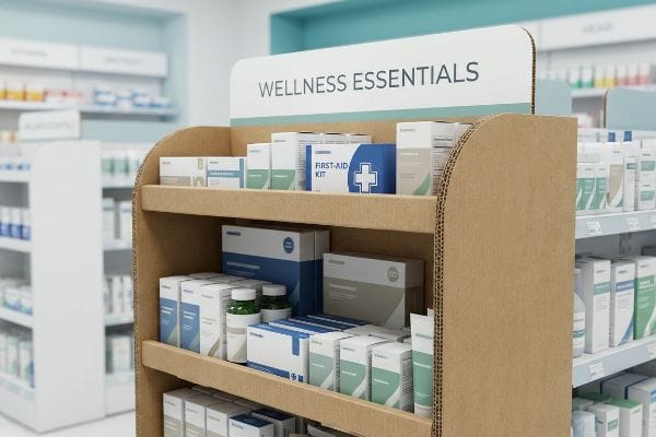 Pharmacy Wellness Display A corrugated cardboard pharmacy display stand showcasing "Wellness Essentials" and various health products, including a "First-Aid Kit".