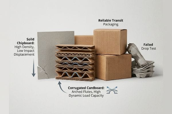 Broken Solid Chipboard with Low Impact Displacement contrasts with Corrugated Cardboard's Arched Flutes, showing High Dynamic Load Capacity for Reliable Transit Packaging, next to Failed Drop Test egg cartons.