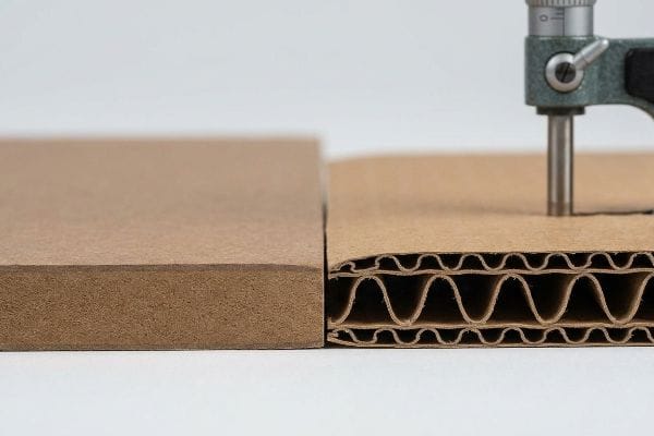 Micrometer measures brown E-flute corrugated board thickness, compared to solid unfluted chipboard.