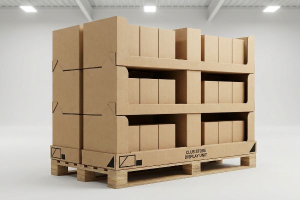 A sturdy corrugated cardboard Club Store Display Unit, filled with brown boxes, stands on a wooden pallet in a brightly lit warehouse.