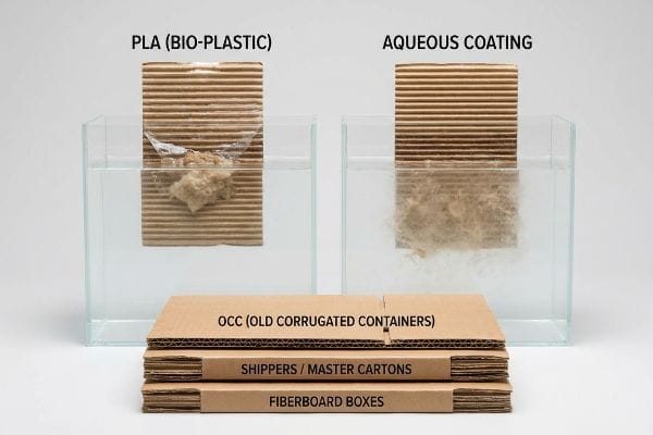 Corrugated cardboard repulpability test: Pla (Bio-Plastic) coated sample shows film separation, Aqueous Coating dissolves, with Occ (Old Corrugated Containers) stack.