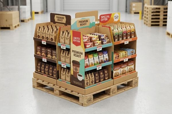 Teilweise Palettenaufsteller aus Wellpappe auf einer GMA-Palette, bestückt mit Premium Roast Kaffeetüten, Snacks in limitierter Auflage und Sonderangebotsprodukten.