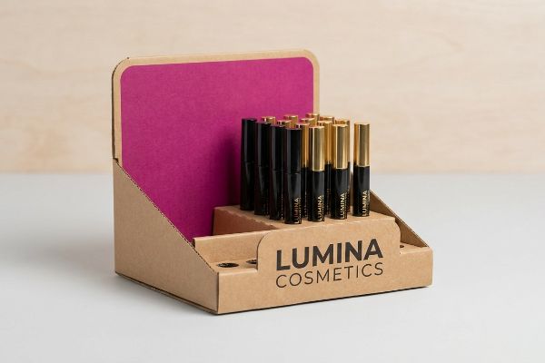 A corrugated cardboard retail display for Lumina Cosmetics, featuring a magenta backer and rows of black and gold mascara tubes.