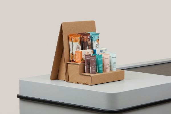 Multi-tiered corrugated cardboard countertop display featuring Energy bars, Sky Coconut boxes, and Breeze and Little Sky tubes on a retail counter.