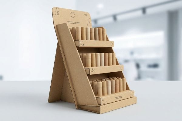 Brown corrugated cardboard countertop display with three tiers holding numerous natural-colored cylindrical lip balm tubes, featuring an extended easel back for stability.
