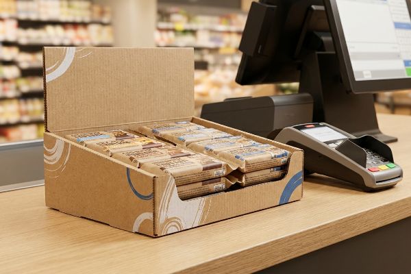 Countertop POP display of individually wrapped Peanut Butter and Dark Chocolate snack bars next to a payment terminal.
