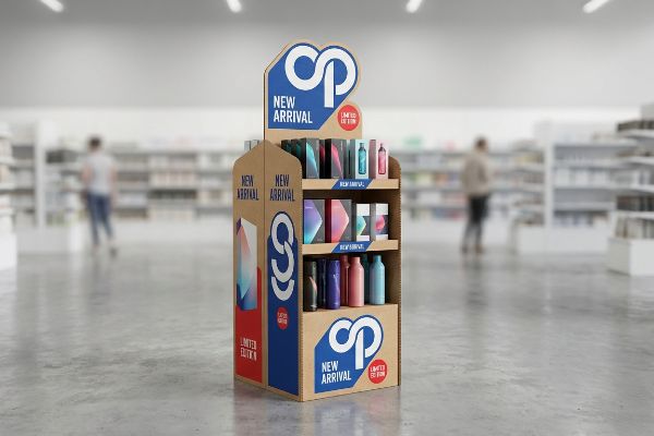 Kraft corrugated floor display with 'CP New Arrival Limited Edition' branding, holding diverse boxed products and bottles.
