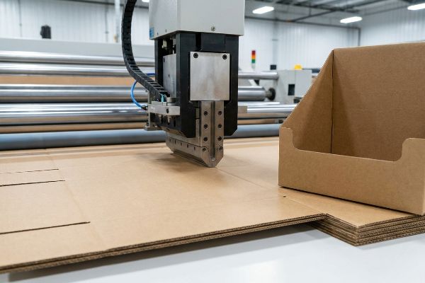 Brown corrugated board being scored by a machine's creasing matrix, with a folded display tray.