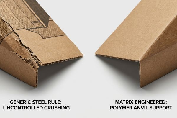 Corrugated cardboard comparison: Generic Steel Rule's Uncontrolled Crushing versus Matrix Engineered's clean Polymer Anvil Support fold.