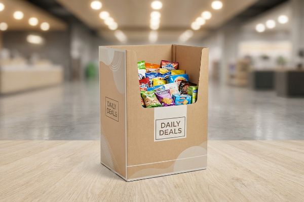 A 'Daily Deals' corrugated dump bin displays colorful snack bags on a wooden floor.