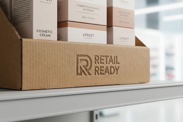 Corrugated cardboard display tray with debossed Retail Ready logo, holding Lifrott Cosmetic Cream boxes on a retail shelf.