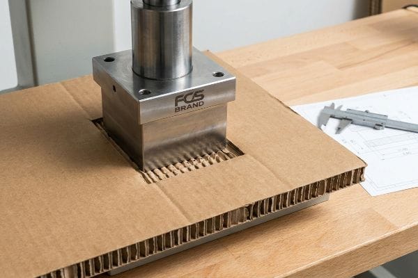 Corrugated cardboard fluting being compressed by an FCS Brand metal die, creating a debossed effect.