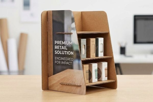 Corrugated desktop POP display on wooden desk, 'Premium Retail Solution' and 'Engineered For Impact' text, holding product boxes.
