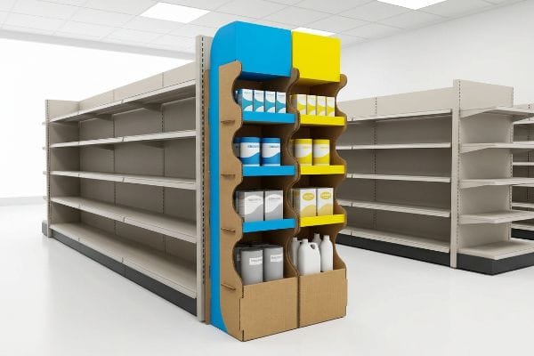 Corrugated retail POP display with blue and yellow die-cut wavy shelves, featuring various products in a store aisle.