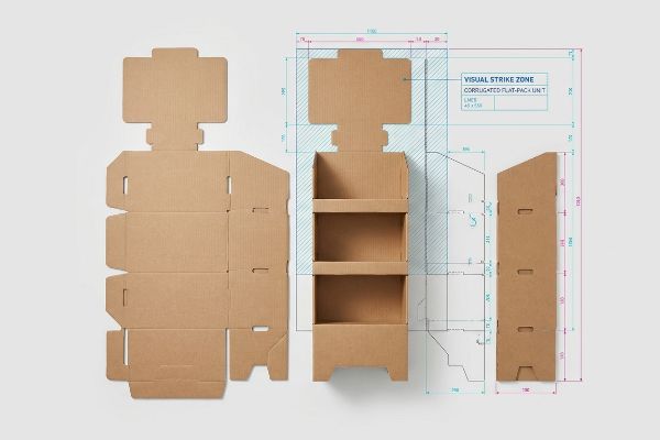 Corrugated flat-pack display unit dieline, assembled shelves, and engineering blueprint with Visual Strike Zone and Lines 40 x 150.