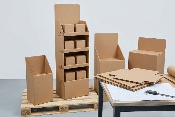 Brown corrugated cardboard POP displays, including a multi-shelf floor merchandiser, empty bins, and flat dieline sheets with a caliper on a blueprint, showcasing structural design.