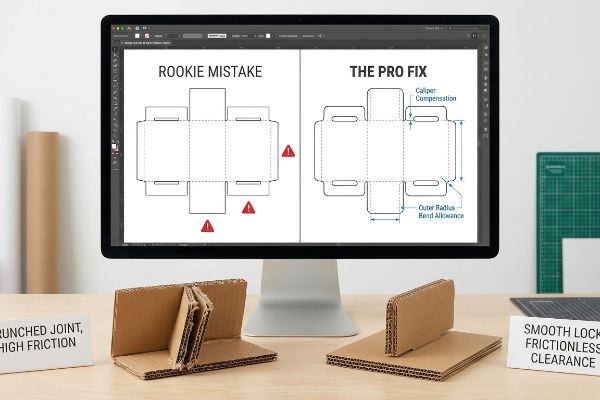 Corrugated board models and screen compare Rookie Mistake with Pro Fix, showing Caliper Compensation and Outer Radius Bend Allowance for smooth assembly.