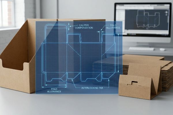 A translucent blue structural dieline, highlighting Caliper Compensation, Fold Allowance, and Interlocking Tab, overlaid on various corrugated board packaging samples and a CAD design on a monitor.