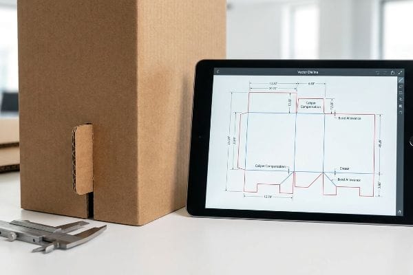 Corrugated box dieline on a tablet displaying Caliper Compensation, Bend Allowance, and Crease details, alongside a physical caliper tool.