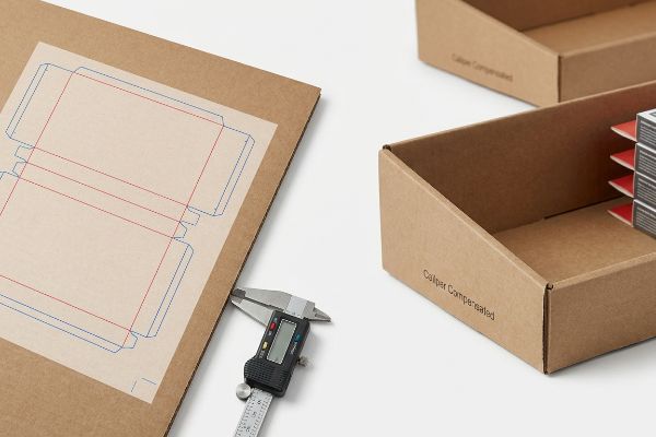 Brown corrugated cardboard dieline with a digital caliper measuring thickness, illustrating bend allowance for 