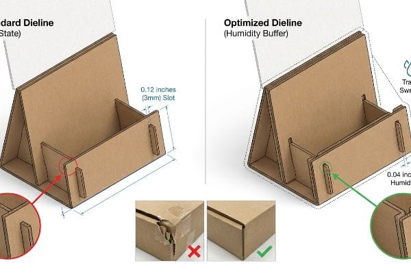 Corrugated display dieline comparison: Standard 3mm slot tears cardboard; Optimized 1mm Humidity Buffer ensures perfect assembly.