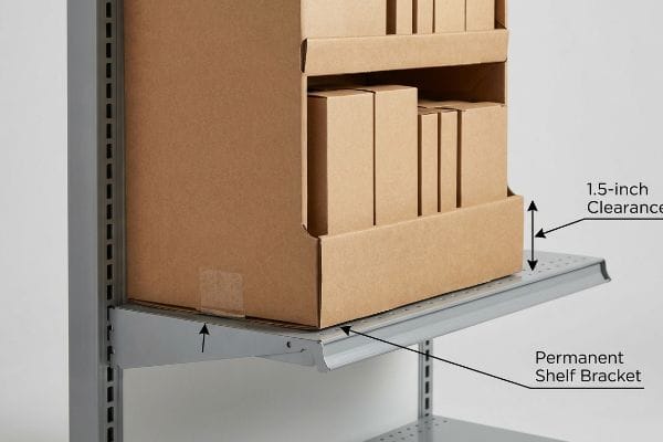 Corrugated display on a metal shelf, highlighting 1.5-inch clearance and the permanent shelf bracket.