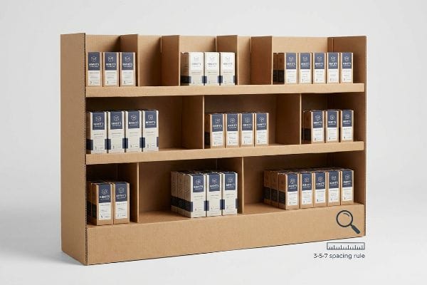 Corrugated cardboard display unit showcasing Harvey's product boxes arranged with 3-5-7 spacing rule, featuring modular dividers.