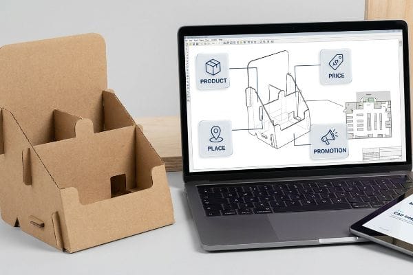 4 P's Display Design Brown corrugated cardboard display stand beside a laptop showing a CAD design integrating the 4 P's: Product, Price, Place, Promotion.