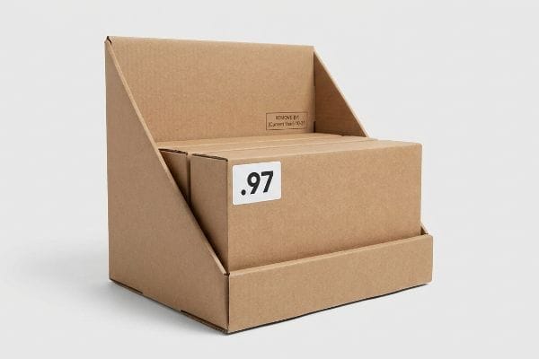Corrugated cardboard retail display with boxes, one marked '.97' for final clearance, and a 'Remove By' kill date on the back panel.