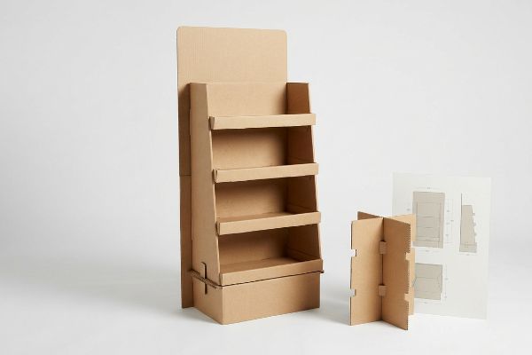 Corrugated cardboard retail display, partially assembled with three shelves, alongside a flat component and technical design blueprints.